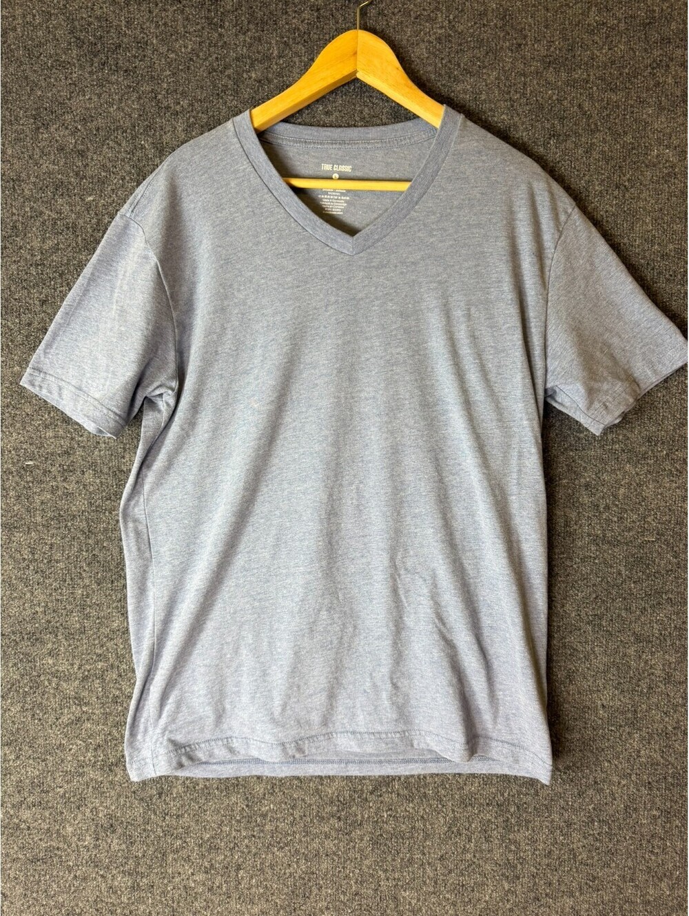 True Classic T Shirt Large Blue V Neck Short Sleeve Cotton Blend Plain Mens L